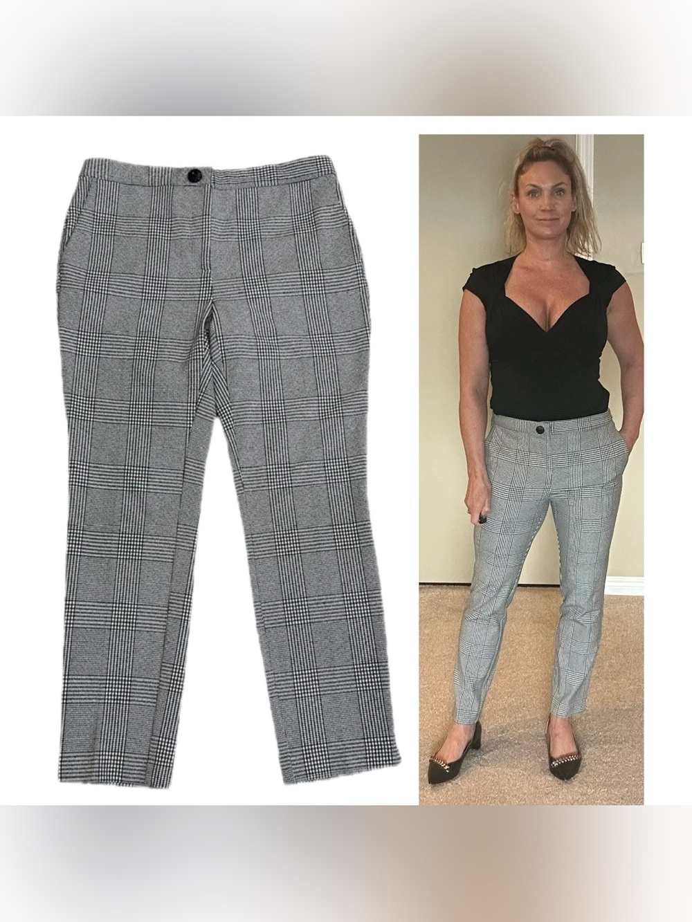 Zara black white plaid check stretchy slim ankle pants Sz L